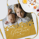 We Love You Grandma Photo Yellow Apron<br><div class="desc">Their is no better cook than grandma! Looking for a special gift for your grandmother,  then this personalised mustard yellow apron is perfect featuring a precious family photo of the children,  a trendy heart design,  the saying "we love you grandma",  and the grandchildrens names.</div>