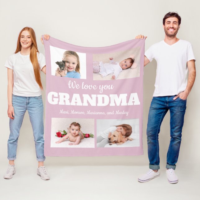 We Love You Grandma Pink 4 Photo Child Family Fleece Blanket (In Situ)
