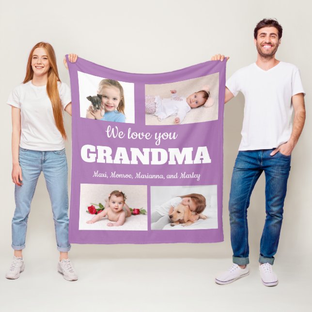 We Love You Grandma Purple 4 Photo Child Family Fleece Blanket (In Situ)