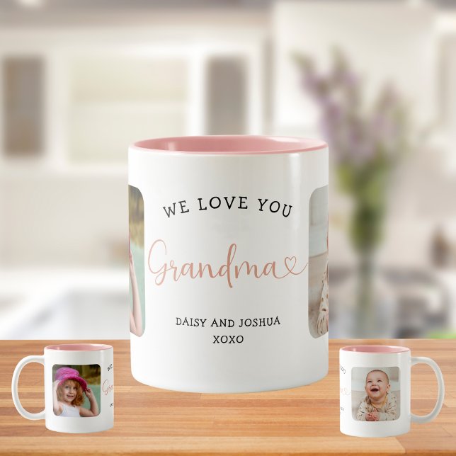 We Love you Grandma Script 2 Photo Modern Two-Tone Coffee Mug (Creator Uploaded)