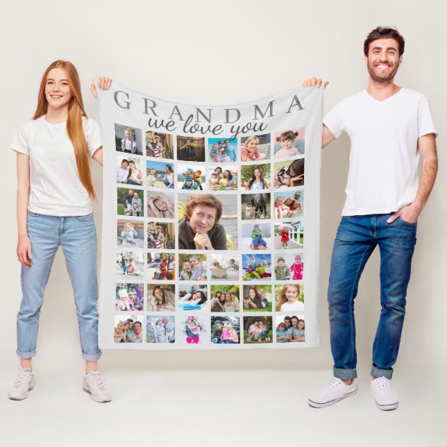 WE LOVE YOU GRANDMA Script Typography Grey Fleece Blanket (In Situ)