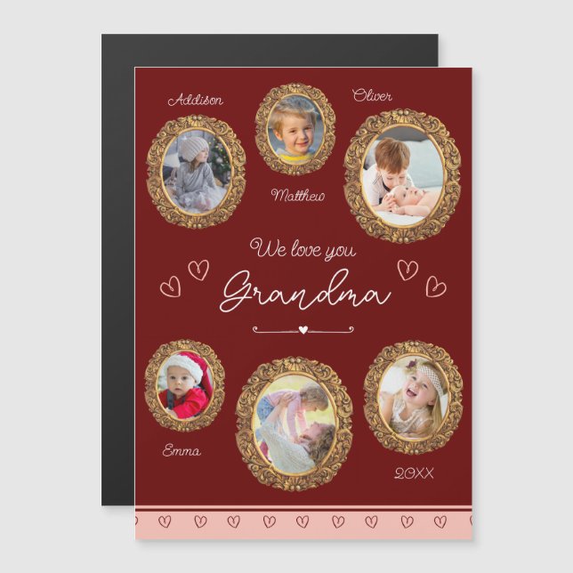 We Love You Grandma Six Photo Red Magnet Card (Front/Back)