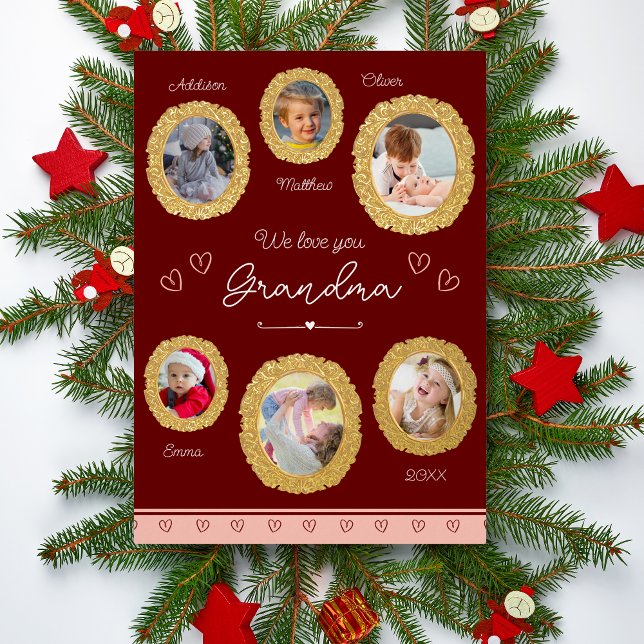 We Love You Grandma Six Photo with Hearts Gold Foil Holiday Postcard (Creator Uploaded)
