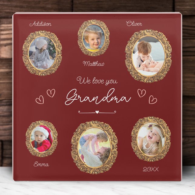 We Love You Grandma Six Photo with Text Red Heart Glass Coaster (Creator Uploaded)