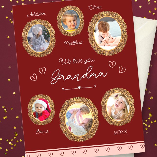 We Love You Grandma Six Photo with Text Red Heart Postcard (Creator Uploaded)