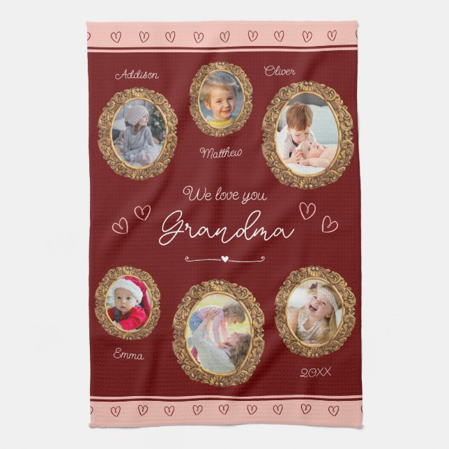We Love You Grandma Six Photo with Text Red Heart Tea Towel (Vertical)
