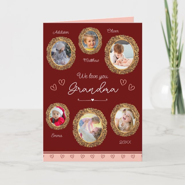 We Love You Grandma Six Photo with Text Red Holiday Card (Front)