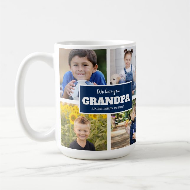 We Love You Grandpa 4 Photo Navy Blue  Coffee Mug (Left)