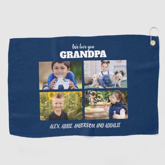We Love You Grandpa 4 Photo Navy Blue Golf Towel (Horizontal)