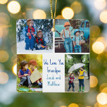 We Love You Grandpa Custom Cute Kids Photo Collage Ceramic Ornament<br><div class="desc">This cute, custom two-sided Christmas ornament features a modern layout of 4 family photos on a white background with blue typography reading We Love You Grandpa. This beautiful grandkids photo gift features your own photograph collage surrounding your personalised message and names. Add a 5th picture on the back of this...</div>