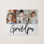 We love you Grandpa Grandchildren photos Jigsaw Puzzle<br><div class="desc">Using beautiful and modern Typography for the words "We love you Grandpa",  elegant script and classic font together with san serif type. Customize this photo puzzle with the grandkids' photos for the grandfather to treasure and cherish Simple,  with 3 photo spots,  thoughtfully laid-out. A wonderful gift for granddad.</div>