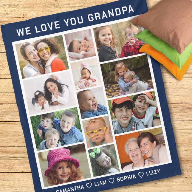 We Love You Grandpa Grandkids Photo Collage Blue Fleece Blanket (Creator Uploaded)
