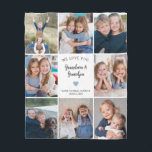 We Love You Grandparents Photo Collage Modern Fleece Blanket<br><div class="desc">This white personalised "We love you Grandma & Grandpa" 8-photo collage blanket features a simple heart, accompanied by elegant handwritten script typography and the name of beloved grandchildren. An ideal and heartwarming gift for your grandparents on special occasions like Grandparents day, Anniversary, Christmas, or birthdays. Customise it with photos of...</div>