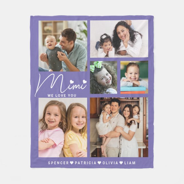 We Love You Mimi Grandkids 6 Photo Collage Purple Fleece Blanket (Front)