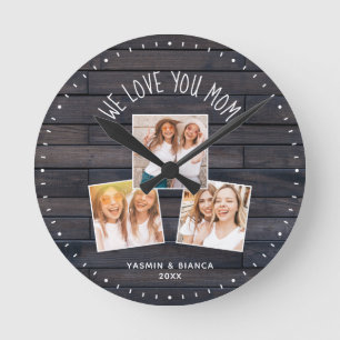 We Love You MOM Cute Modern Photo Collage  Round C Clock