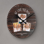 We Love You MOM Cute Modern Photo Collage  Round Clock<br><div class="desc">Modern 3 photo collage clock with a customisable message now reading WE LOVE YOU MOM, with 3 frames favourite pictures underneath on a rustic farmhouse style (printed) dark wood background. Make it your own by adding your names and year below. Unique and personal keepsake gift for the best mum ever...</div>