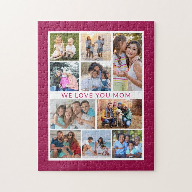 We Love You Mum 10 Photo Collage Pink Glitter Jigsaw Puzzle (Vertical)