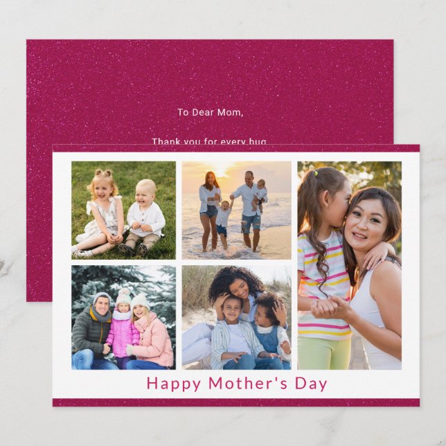 We Love You Mum 5 Photo Collage Pink Glitter Card (Front/Back)