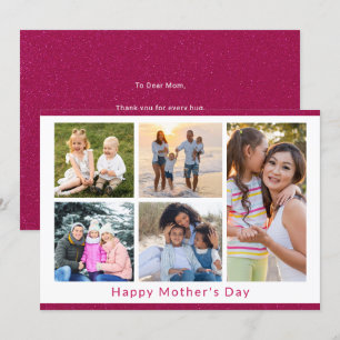 We Love You Mum 5 Photo Collage Pink Glitter Card