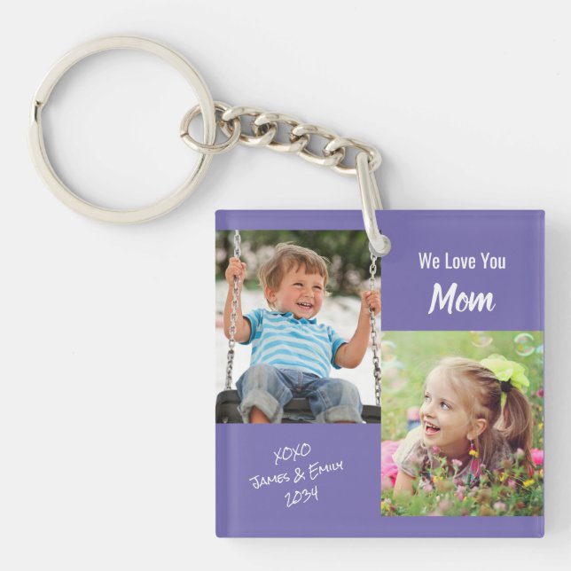 We Love You Mum Personalised Photos Purple Key Ring (Front)