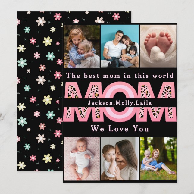 We Love You Mum Pink Minimalist 6 Photo collage Holiday Card (Front/Back)