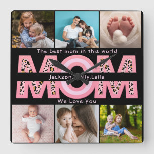 We Love You Mum Pink Minimalist 6 Photo collage Square Wall Clock