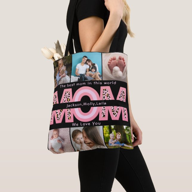 We Love You Mum Pink Minimalist 6 Photo collage Tote Bag (Close Up)