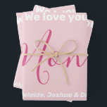 We Love You Mum Pink Minimalist  Wrapping Paper Sheet<br><div class="desc">We Love You Mum Pink Minimalist Design. Sweet, feminine, simple, modern and elegant typography. Text is "We love you", "Mum", and "Your Names". All the text can easily be changed to your own lovely messages. Order these pretty wrapping paper sheets today to express your love and thanks to your wife,...</div>