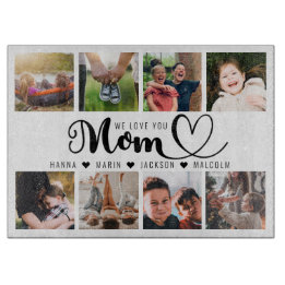 We Love You Mum Script Kids Names Photo Collage Cutting Board