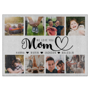 We Love You Mum Script Kids Names Photo Collage Cutting Board