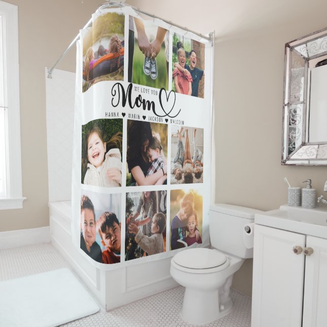 We Love You Mum Script Kids Names Photo Collage Shower Curtain (In Situ)