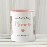 We Love You Mummy 2 Photo Modern Pink Two-Tone Coffee Mug<br><div class="desc">This 2-photo collage pink modern mug features the heartfelt message, "We love you mummy" in elegant script typography and a simple heart. An ideal gift for your mum on Mother's day, Christmas or birthday. It can be personalised with two family photos and your own message and names, transforming it into...</div>