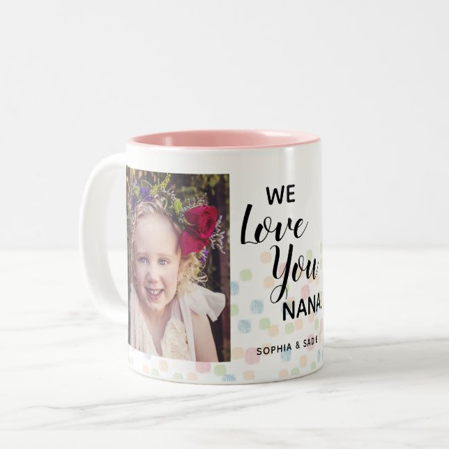 We Love You Nana 2 Photo Pastel Dots Two-Tone Coffee Mug (Front Left)