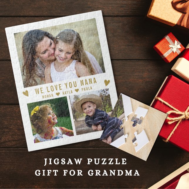We Love You Nana 3 Photo Collage White Jigsaw Puzzle (Grandma gift idea- Personalized 3 photo collage jigsaw puzzle)