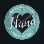 We Love You Nana Grandkid Names Acrylic Wall Clock<br><div class="desc">Nana We Love You personalised grand kids name template. Easy to use,  just change the grand kids names to your own children. All text is unlocked and customisable if needed. Cute rustic wood grain background.</div>