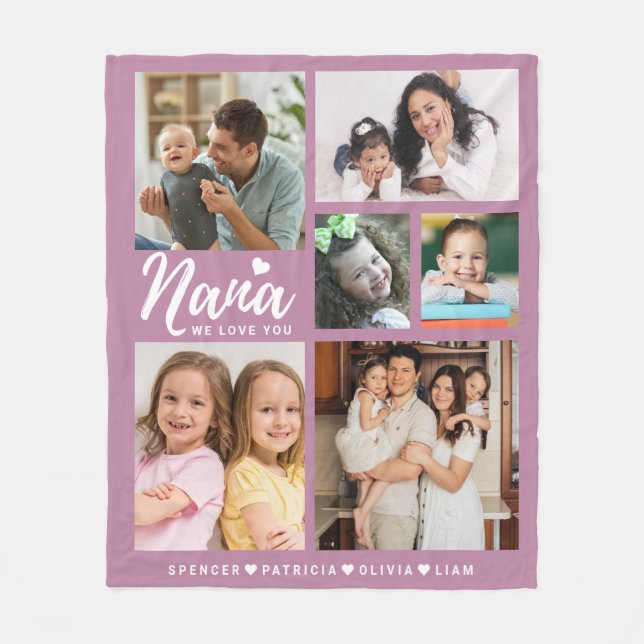 We Love You Nana Grandkids 6 Photo Collage Pink Fleece Blanket (Front)