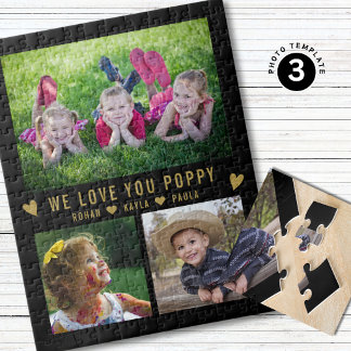 We Love You Poppy Grandkids 3 Photo Collage Black Jigsaw Puzzle