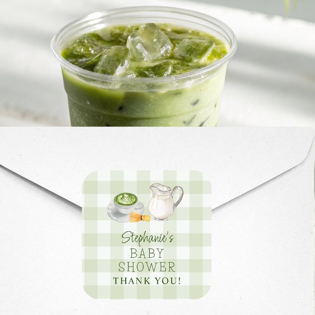 We Love You So Matcha Green Gingham Baby Shower Square Sticker (Creator Uploaded)