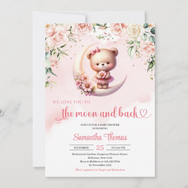 We love you to the moon and back girl baby shower invitation (Front)