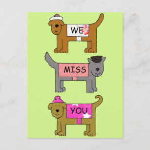We Miss You Cartoon Dogs in Hats and Coats Postcard