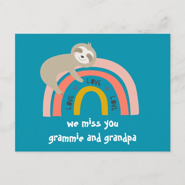 We Miss You Rainbow Sloth Grandparents Postcard (Front)