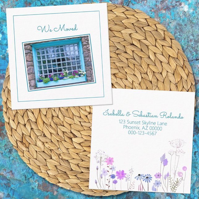 We Moved Blue Window Blooming Flower Box Custom Square Business Card (Creator Uploaded)
