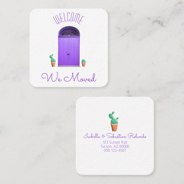 We Moved Purple Doors Southwest Potted Cactus Square Business Card (Front/Back)