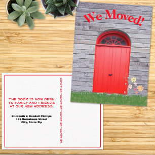 We Moved Rustic Red Double Doors Flowers Postcard