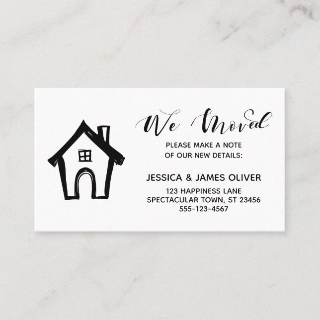 "We Moved" w/ Casual Hand Drawn House Black White Business Card (Front)