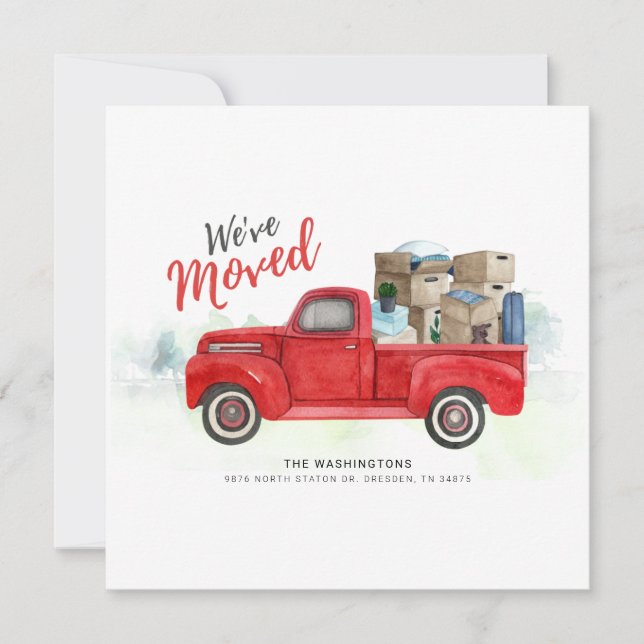We Moved Watercolor Red Truck Moving Announcement (Front)