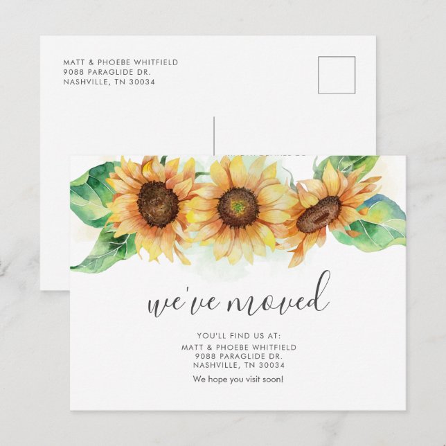 We Moved Watercolor Sunflower Moving Announcement Postcard (Front/Back)
