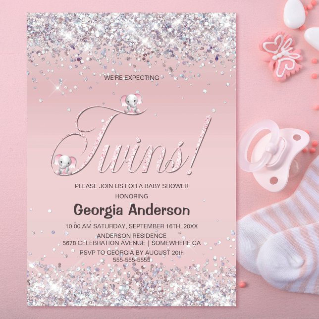 We’re Expecting Twins Pink Elephant Glitter Invitation (Creator Uploaded)