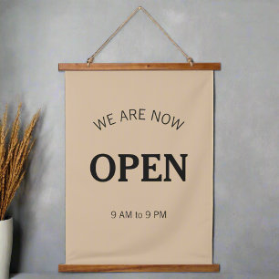We' re Now Open l Black Script Business Time Sign Hanging Tapestry