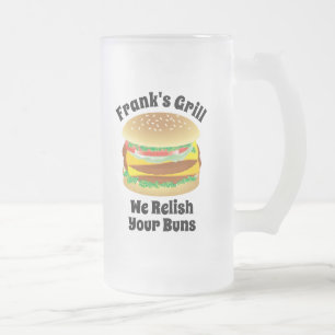 We Relish Your Buns Funny Personalised Hamburger Frosted Glass Beer Mug